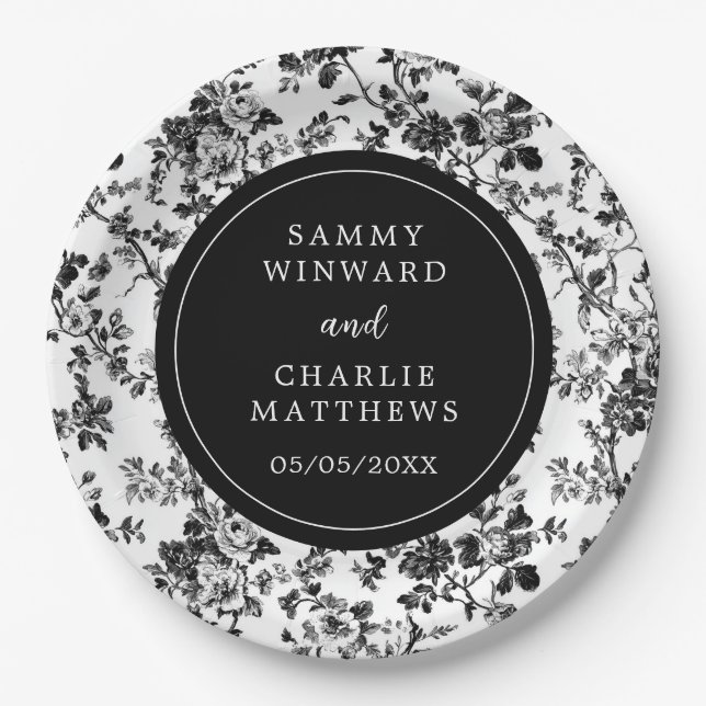 Black Antique Chinoiserie Wedding Paper Plates (Front)
