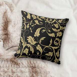 Black Antique Gold Retro Leaf Swirl Throw Pillow