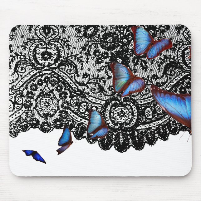 BLACK ANTIQUE LACE BLUE BUTTERFLIES MOUSE PAD (Front)