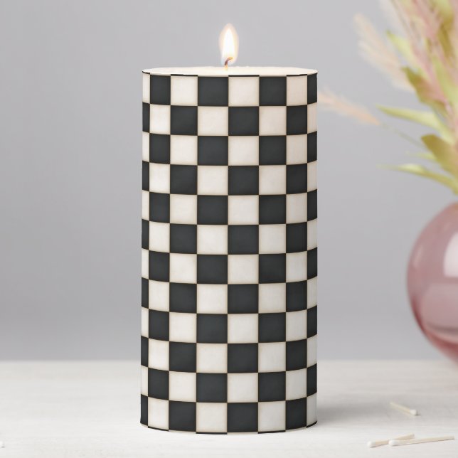 Black & Antique White Checkered Medium Pillar Candle (In Situ)