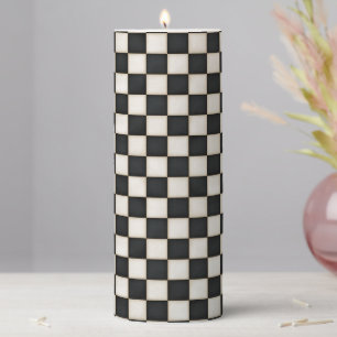 Black & Antique White Checkered Pillar Candle