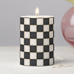 Black & Antique White Checkered Small Pillar Candle