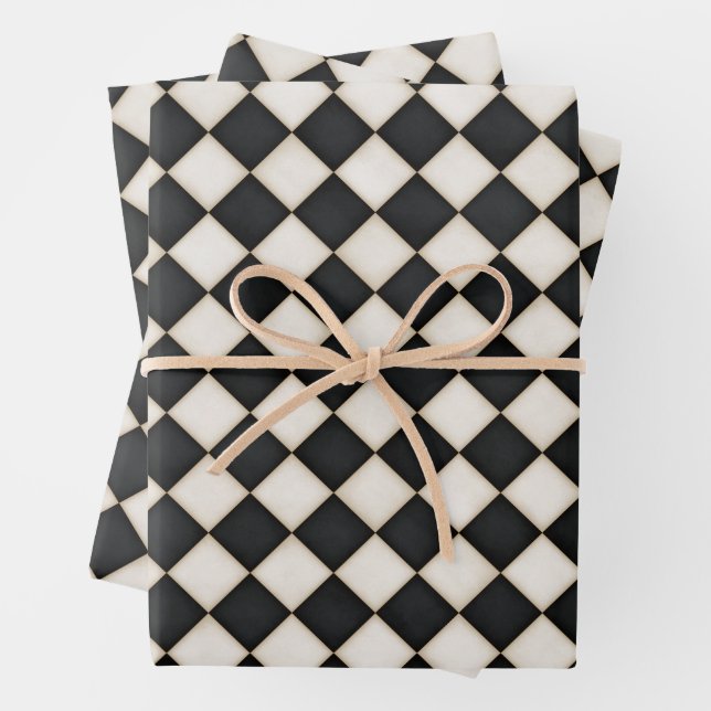 Black & Antique White Diamonds Wrapping Paper Sheets (In situ)