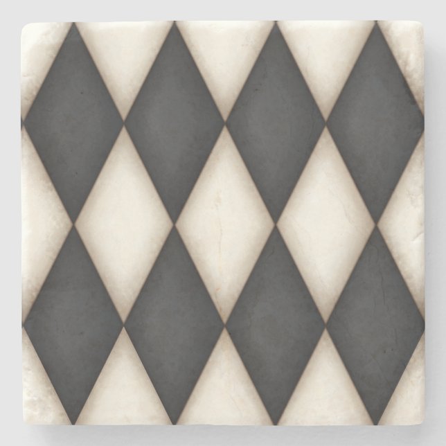 Black & Antique White Harlequin Checkered Pattern Stone Coaster (Front)