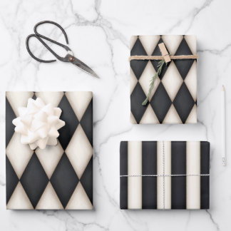 Black & Antique White Harlequin Diamonds & Stripes Wrapping Paper Sheets