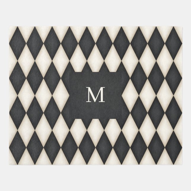 Black & Antique White Harlequin Monogrammed 10x8 Outdoor Rug (Front)