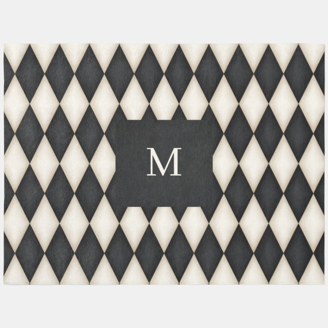 Black & Antique White Harlequin Monogrammed 12x9 Outdoor Rug (Front)