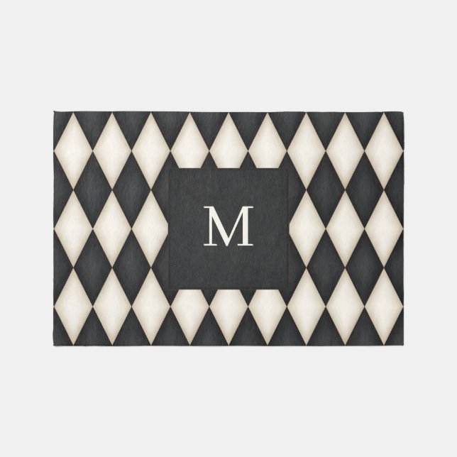 Black & Antique White Harlequin Monogrammed 6x4 Rug (Front)