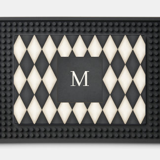 Black & Antique White Harlequin Monogrammed Bar Mat