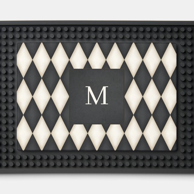 Black & Antique White Harlequin Monogrammed Bar Mat (Front (Close Up))