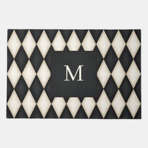 Black & Antique White Harlequin Monogrammed Doormat