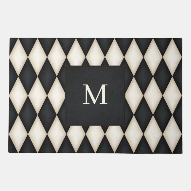 Black & Antique White Harlequin Monogrammed Doormat (Front)