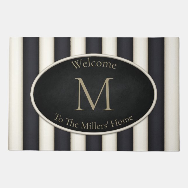 Black & Antique White Stripes Bronze Monogram Doormat (Front)