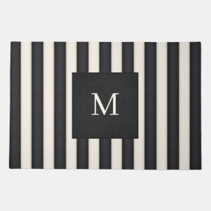 Black & Antique White Stripes Monogrammed Doormat