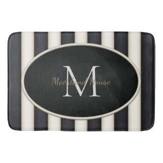 Black & Antique White Stripes Oval Framed Monogram Bath Mat