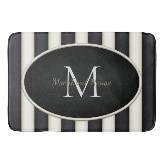 Black & Antique White Stripes Oval Framed Monogram Bath Mat (Front)