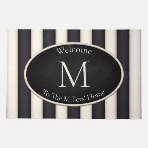 Black  Antique White Stripes Oval Framed Monogram Doormat