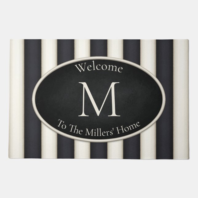 Black & Antique White Stripes Oval Framed Monogram Doormat (Front)