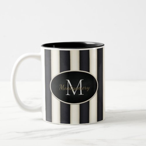 Black  Antique White Stripes Oval Framed Monogram Two_Tone Coffee Mug