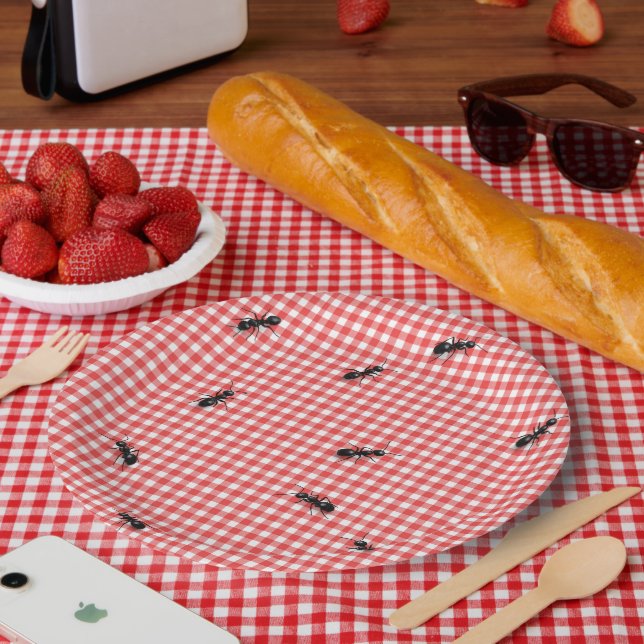 Black Ants on White and Red Gingham Paper Plates (Picnic)