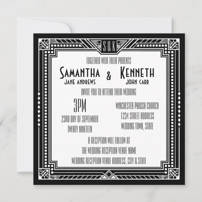 Black & Any Color Great Gatsby Geometric Wedding Invitation (Front)