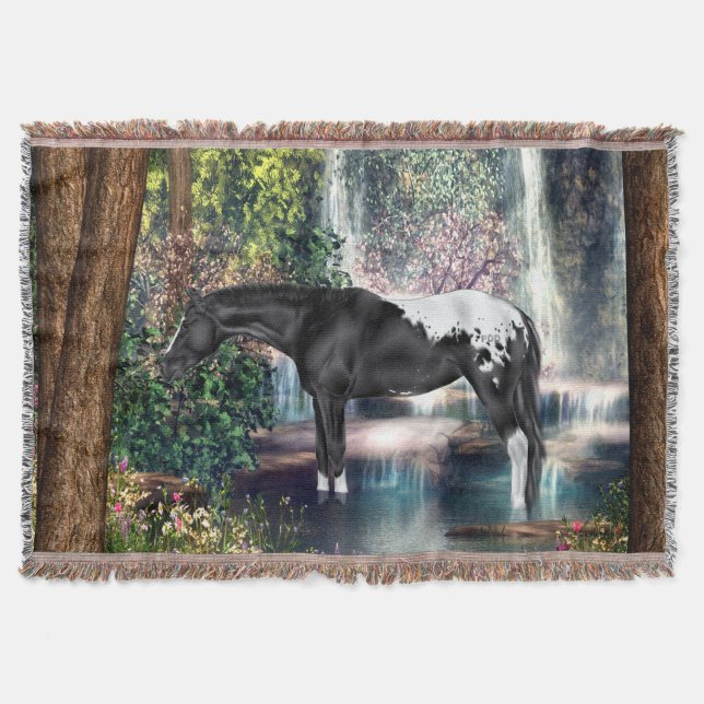 Black Appaloosa Horse Waterfall Background Throw Blanket (Front)