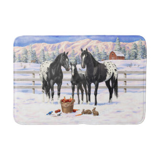 Black Appaloosa Horses In Snow Bath Mat
