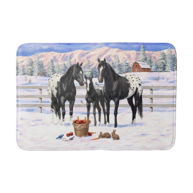 Black Appaloosa Horses In Snow Bath Mat (Front)