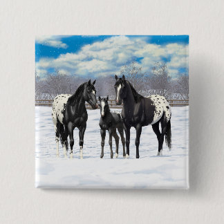 Black Appaloosa Horses In Snow Button