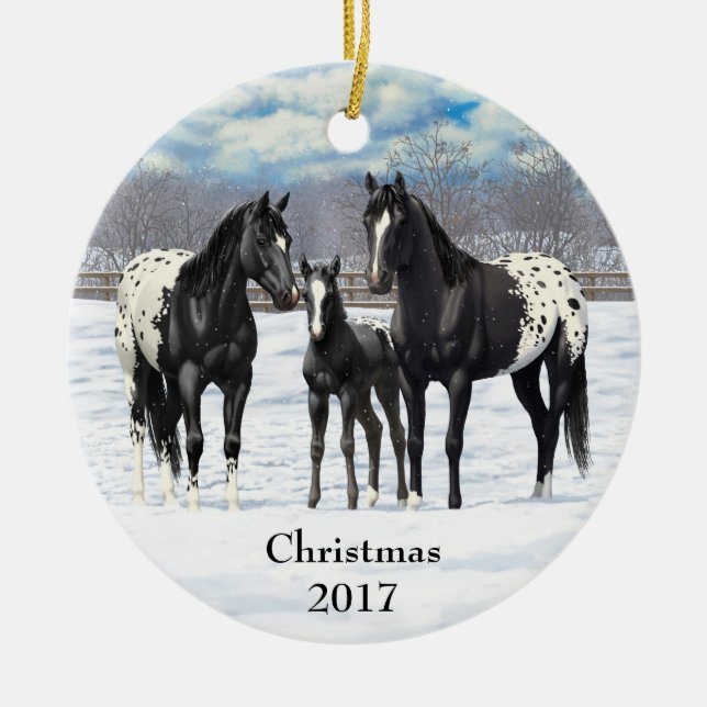 Black Appaloosa Horses In Snow Ceramic Ornament (Front)