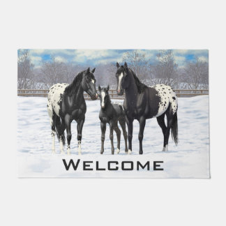 Black Appaloosa Horses In Snow Doormat