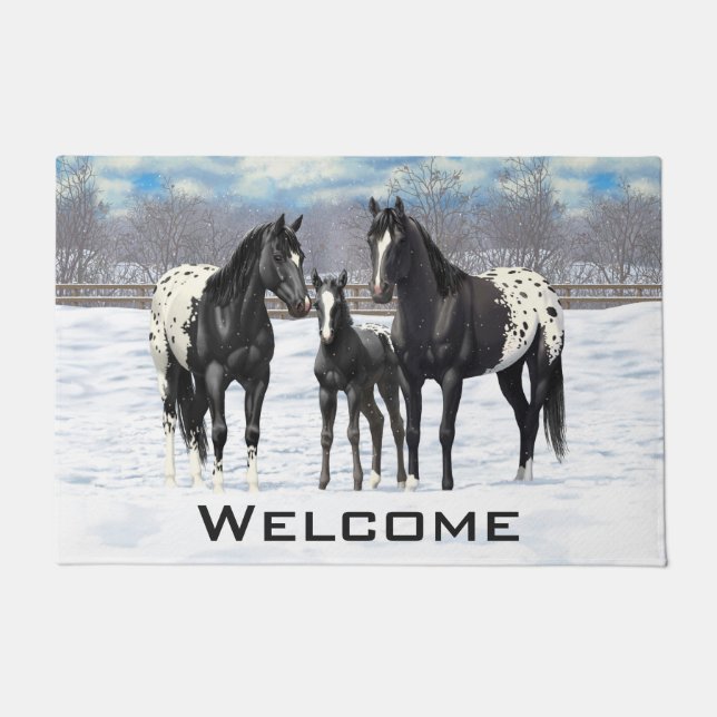 Black Appaloosa Horses In Snow Doormat (Front)