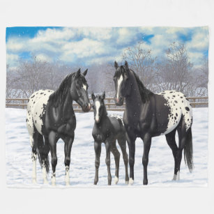 Black Appaloosa Horses In Snow Fleece Blanket