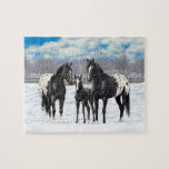 Black Appaloosa Horses In Snow Jigsaw Puzzle<br><div class="desc">A family of black appaloosas</div>