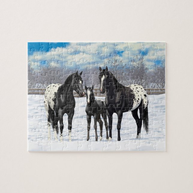 Black Appaloosa Horses In Snow Jigsaw Puzzle (Horizontal)