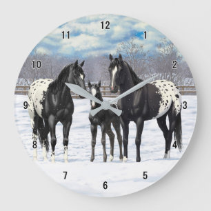 Black Appaloosa Horses In Snow Large Clock