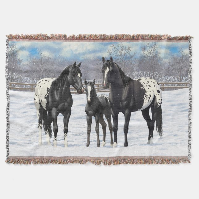 Black Appaloosa Horses In Snow Throw Blanket (Front)