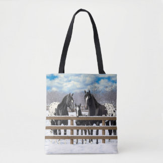 Black Appaloosa Horses In Snow Tote Bag