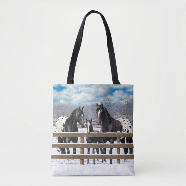 Black Appaloosa Horses In Snow Tote Bag (Front)