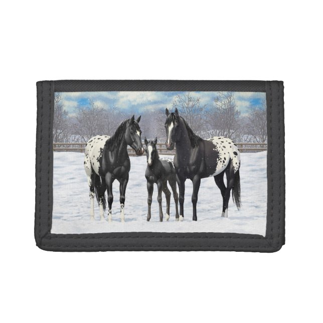 Black Appaloosa Horses In Snow Tri-fold Wallet (Front)