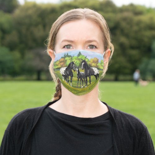 Black Appaloosa Horses In Summer Pasture Adult Cloth Face Mask