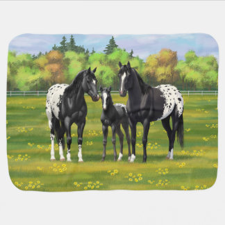 Black Appaloosa Horses In Summer Pasture Baby Blanket