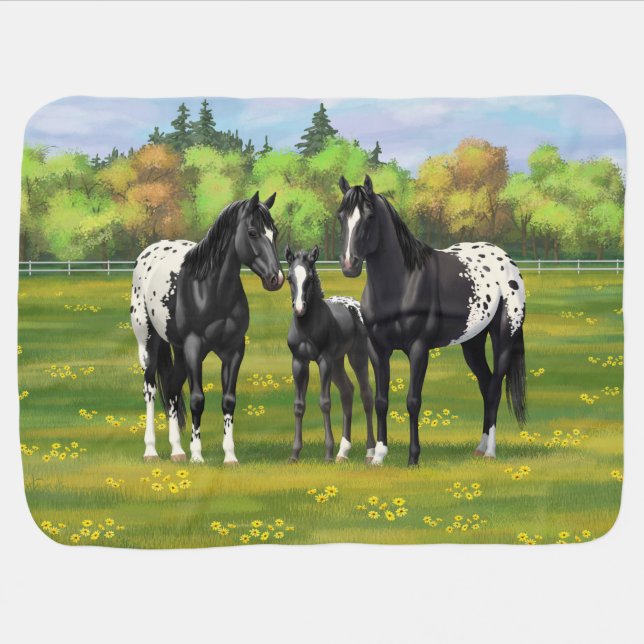 Black Appaloosa Horses In Summer Pasture Baby Blanket (Horizontal)