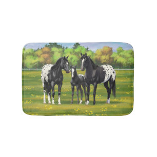 Black Appaloosa Horses In Summer Pasture Bath Mat