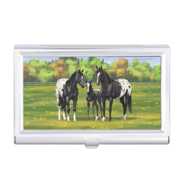 Black Appaloosa Horses In Summer Pasture Business Card Case (Front)