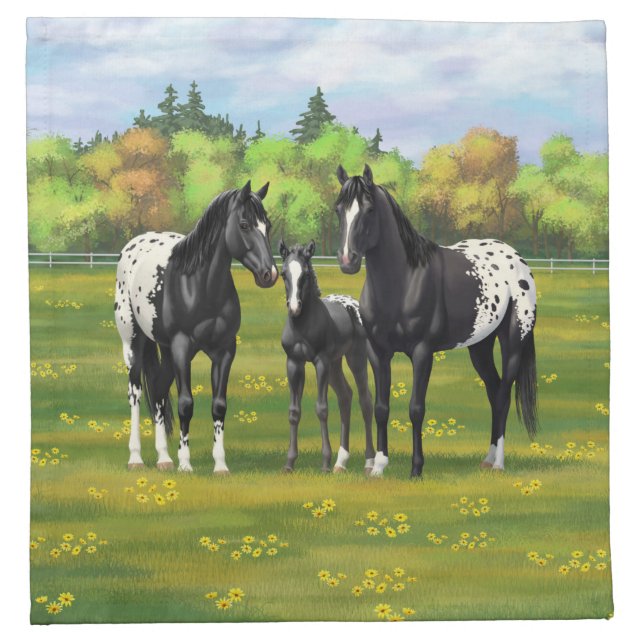 Black Appaloosa Horses In Summer Pasture Cloth Napkin (Front)
