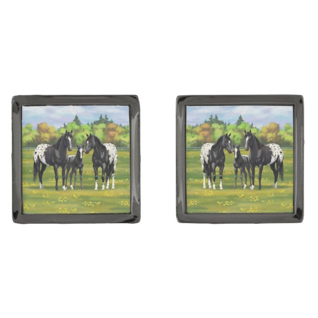 Black Appaloosa Horses In Summer Pasture Cufflinks (Front)