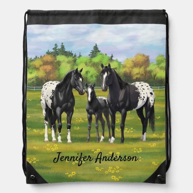Black Appaloosa Horses In Summer Pasture Drawstring Bag (Front)