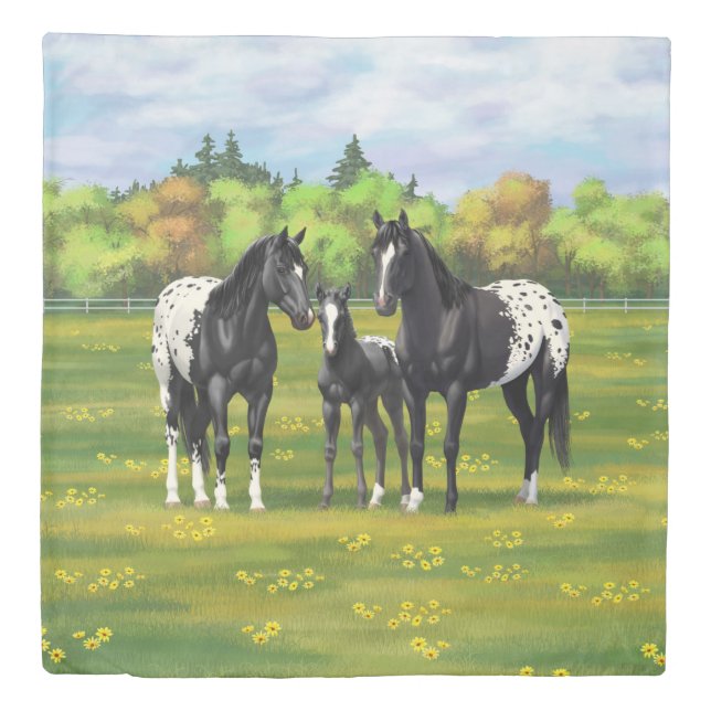 Black Appaloosa Horses In Summer Pasture Duvet Cover (Front)