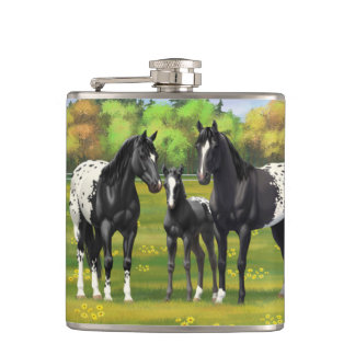 Black Appaloosa Horses In Summer Pasture Flask